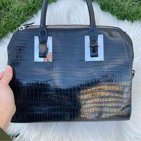 Henri Bendel Black Croc Print Leather Satchel - Picture 6 of 14